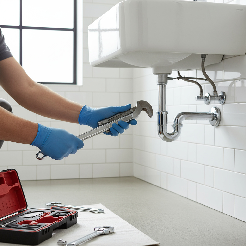Installateur arbeitet an einer Leitung in modernem Zuhause